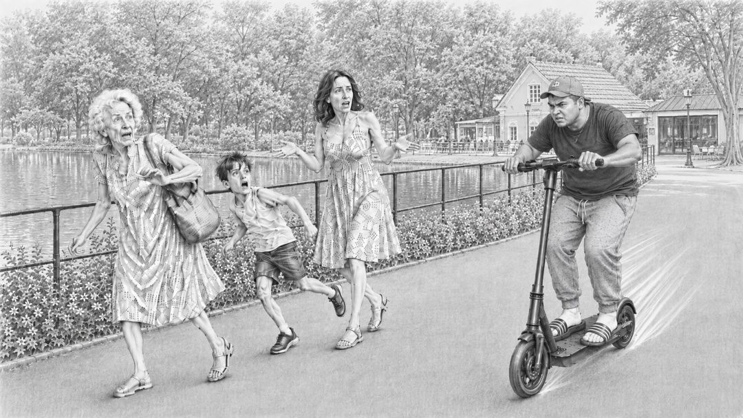 Illustration zu gefährlichen Situationen mit E-Scootern im Doblhoffpark Baden. KI-Illustration 