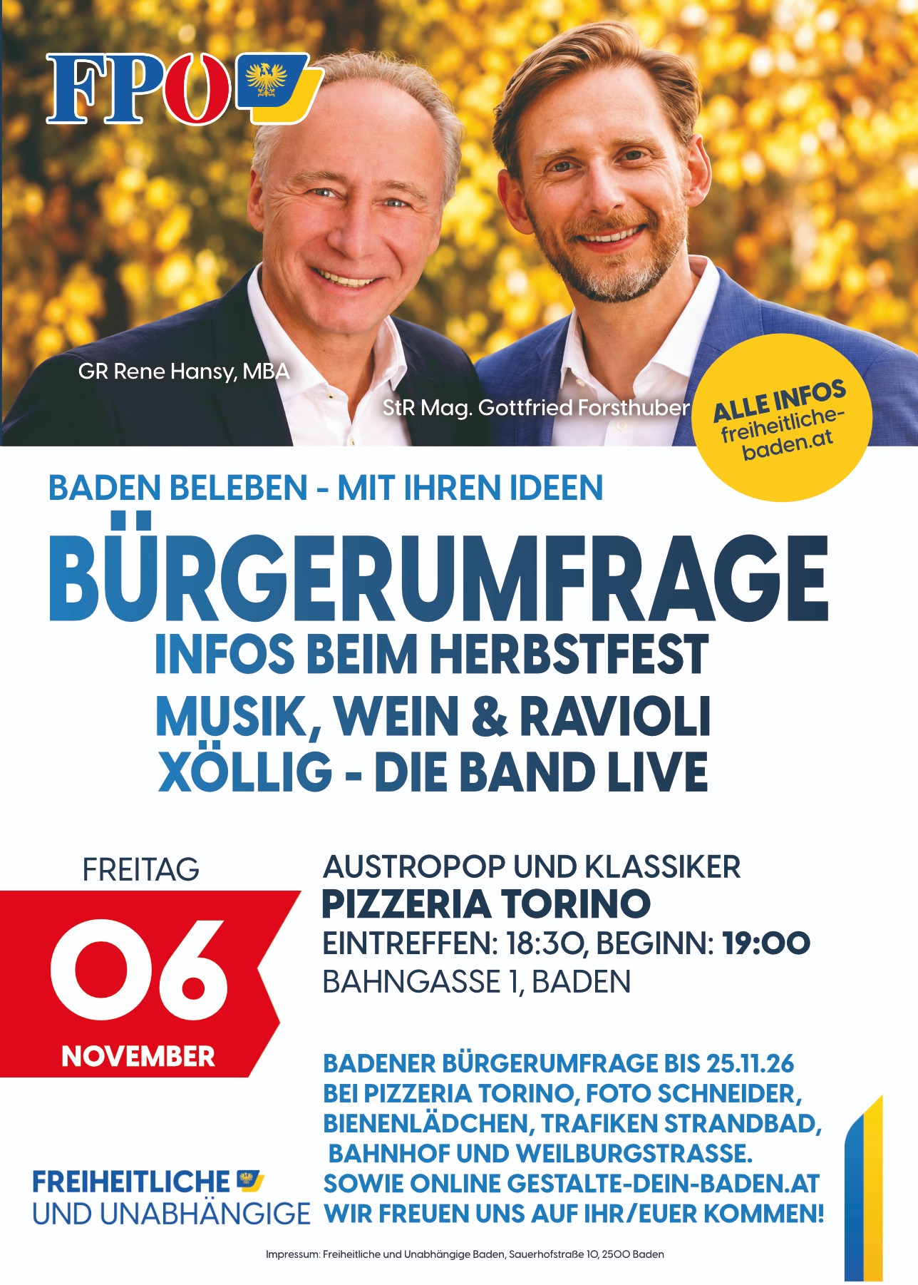 Herbstfest am 6. November 2026 in der Pizzeria Torino in Baden